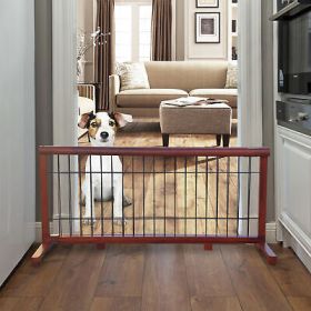 Wooden dog gate, free standing wire mesh pet expandable,MAHOGANY